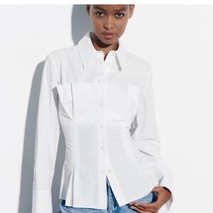 NWT Zara White Dressy Poplin Shirt Size S